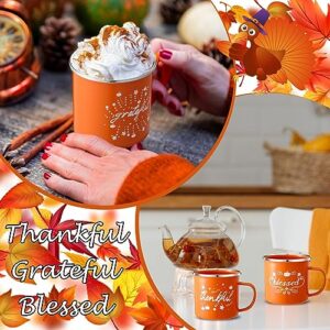 Uiifan 3 Pcs Fall Autumn Coffee Mugs 16 oz Enamel Pumpkin Mugs Cups Campfire Style Fall Mugs Grateful Thankful Tea Latte Mug for Thanksgiving Halloween Holiday Daily Supplies