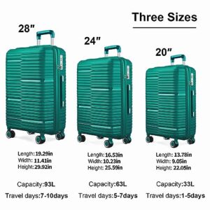 Camkey Luggage 3 Piece Set Suitcase Spinner Hardshell Lightweight TSA Lock, 20 Inch, 24 Inch, 28 Inch (Green)