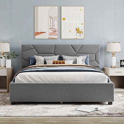 Queen Size Upholstered Platform Bed Frame with 4 Drawers and Brick Pattern Headboard, Modern Elegant Platform Bed With Wood Slats Base & Strong Frame for Bedroom Girls Teens Boys (Queen, Gray)