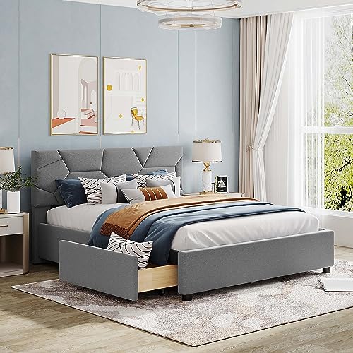 Queen Size Upholstered Platform Bed Frame with 4 Drawers and Brick Pattern Headboard, Modern Elegant Platform Bed With Wood Slats Base & Strong Frame for Bedroom Girls Teens Boys (Queen, Gray)