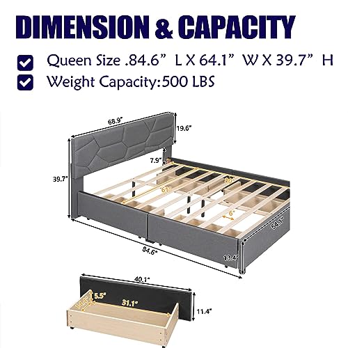 Queen Size Upholstered Platform Bed Frame with 4 Drawers and Brick Pattern Headboard, Modern Elegant Platform Bed With Wood Slats Base & Strong Frame for Bedroom Girls Teens Boys (Queen, Gray)