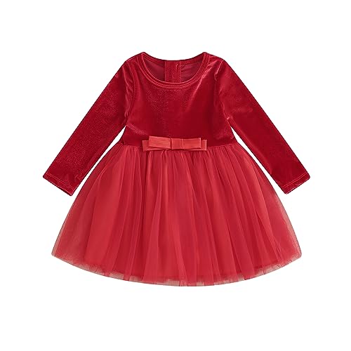 Infant Toddler Girls Christmas Dress Outfit Long Sleeve Ruffle Collar Princess Lace Dress Vintage Newborn Baby Clothes (K-Patchwork-Red, 6-12 Months)