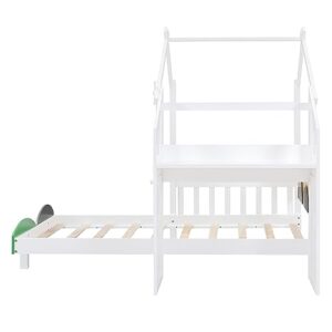 NCKMYB Kids House Bed with Flower Decor Headboard, Twin Size Wood Platform Bed with Desk, Fun Playhouse Bed for Boy Girl, White