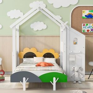 NCKMYB Kids House Bed with Flower Decor Headboard, Twin Size Wood Platform Bed with Desk, Fun Playhouse Bed for Boy Girl, White