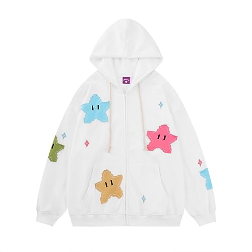 Durveency Women Teen Girls Y2K Hoodie Jacket Star Zip Up Hooded Sweatshirt Grunge Hoodies Cute Streetwear White