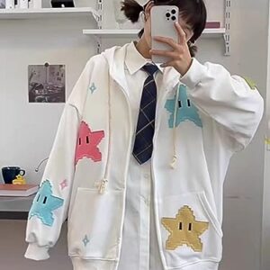 Durveency Women Teen Girls Y2K Hoodie Jacket Star Zip Up Hooded Sweatshirt Grunge Hoodies Cute Streetwear White