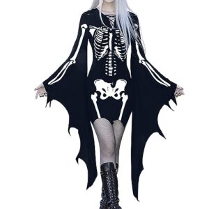 crntcem halloween gothic dress for women bat sleeves skull print vampire gown sexy wrap slim v-neck luxurious skirt steampunk masquerade ball gown cosplay renaissance dress navy