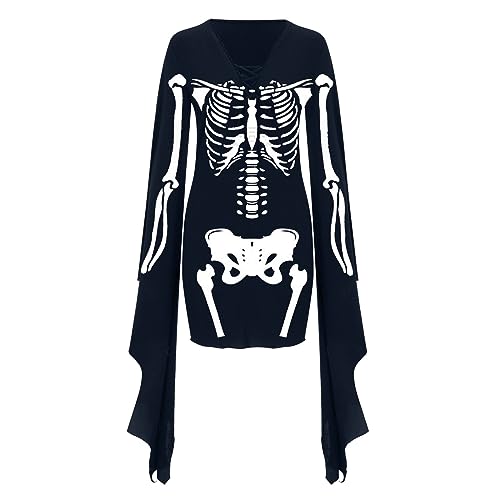 CRNTCEM Halloween Gothic Dress for Women Bat Sleeves Skull Print Vampire Gown Sexy Wrap Slim V-Neck Luxurious Skirt Steampunk Masquerade Ball Gown Cosplay Renaissance Dress Navy