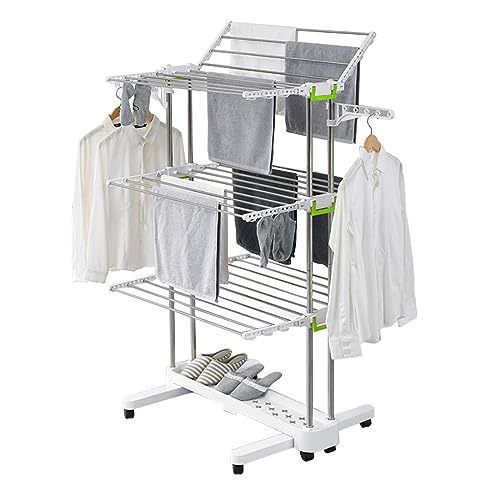 GAENZA Multifunctional Clothes Drying Rack Mobile Landing Folding Stainless Steel Double Pole Lifting Drying Rack Drying Rack Storage Indoor and Outdoor Simple