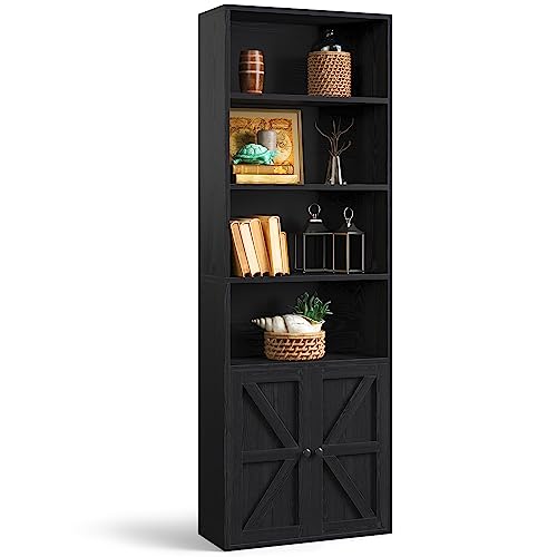 oneinmil Bookshelf and Bookcase, Floor Bookshelves and Office Storage Cabinets for Home Office, 6 Tier Wooden Bookshelves with Cabinet Doors, Living Room,Black