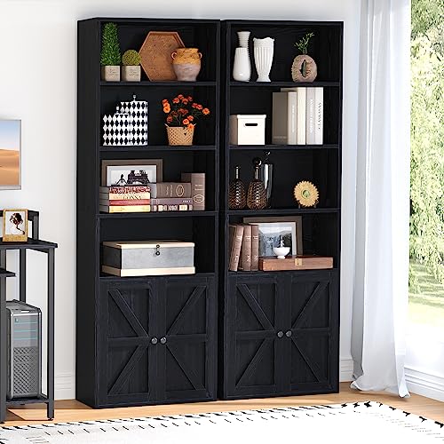 oneinmil Bookshelf and Bookcase, Floor Bookshelves and Office Storage Cabinets for Home Office, 6 Tier Wooden Bookshelves with Cabinet Doors, Living Room,Black