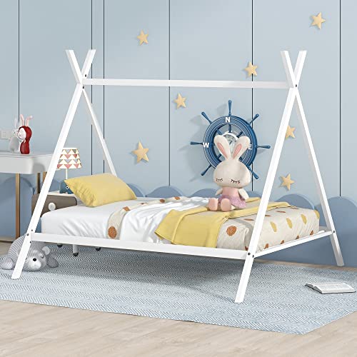 TARTOP Full Size House Bed, Tent Metal Bed Frame, Floor Play House Bed with Slat for Kids, Girls, Boys, No Box Spring Needed, White