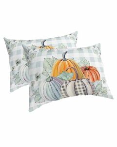 thanksgiving pillow covers standard size set of 2 bed pillow, farmhouse teal plaid fall pumpkin maple leaves plush soft comfort for hair/ skin cooling pillowcases with envelop closure 20''x26''