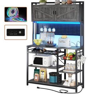 itaar bakers rack with power outlet and led lights, coffee bar cabinet, microwave stand with wine rack, wire basket, pegboard and 8 hoos for kitchens with storage, 35.4”, grey