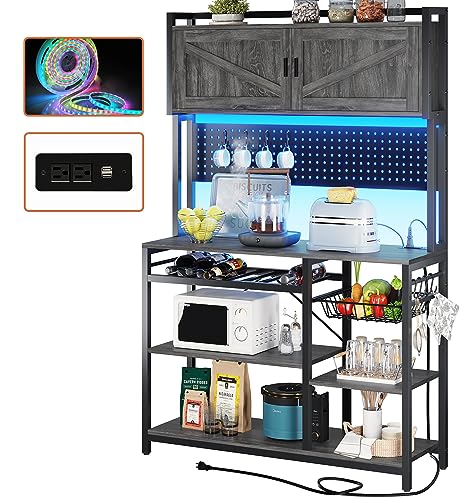 Itaar Bakers Rack with Power Outlet and Led Lights, Coffee Bar Cabinet, Microwave Stand with Wine Rack, Wire Basket, Pegboard and 8 Hoos for Kitchens with Storage, 35.4”, Grey