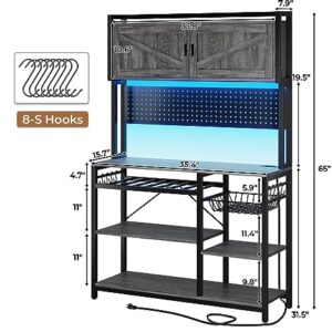 Itaar Bakers Rack with Power Outlet and Led Lights, Coffee Bar Cabinet, Microwave Stand with Wine Rack, Wire Basket, Pegboard and 8 Hoos for Kitchens with Storage, 35.4”, Grey