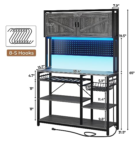 Itaar Bakers Rack with Power Outlet and Led Lights, Coffee Bar Cabinet, Microwave Stand with Wine Rack, Wire Basket, Pegboard and 8 Hoos for Kitchens with Storage, 35.4”, Grey