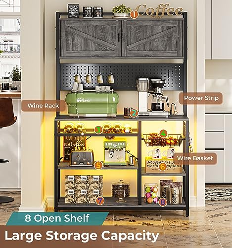 Itaar Bakers Rack with Power Outlet and Led Lights, Coffee Bar Cabinet, Microwave Stand with Wine Rack, Wire Basket, Pegboard and 8 Hoos for Kitchens with Storage, 35.4”, Grey