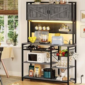 Itaar Bakers Rack with Power Outlet and Led Lights, Coffee Bar Cabinet, Microwave Stand with Wine Rack, Wire Basket, Pegboard and 8 Hoos for Kitchens with Storage, 35.4”, Grey