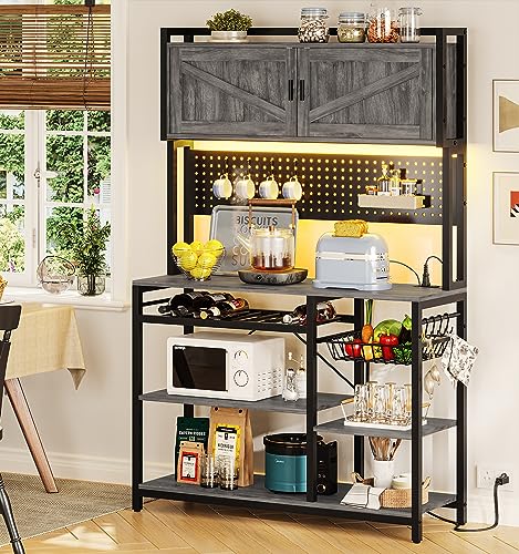 Itaar Bakers Rack with Power Outlet and Led Lights, Coffee Bar Cabinet, Microwave Stand with Wine Rack, Wire Basket, Pegboard and 8 Hoos for Kitchens with Storage, 35.4”, Grey