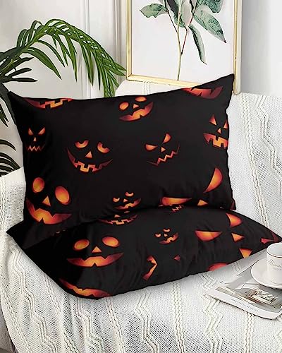 Edwiinsa Halloween Pillow Covers Standard Size Set of 2 Bed Pillow, Fall Pumpkin HorrorBlack Orange Plush Soft Comfort for Hair/Skin Cooling Pillowcases with Envelop Closure 20''x26''