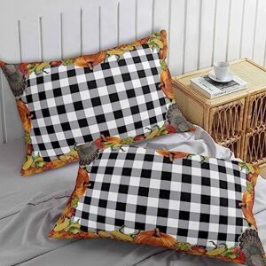 Thanksgiving Pillow Covers Standard Size Set of 2 Bed Pillow, Black White Plaid Turkey Farmhouse Pumpkin Maple Leaf Plush Soft Comfort for Hair/ Skin Cooling Pillowcases with Envelop Closure 20''x26''