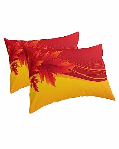 Edwiinsa Fall Leaf Pillow Covers Standard Size Set of 2 Bed Pillow, Red Orange Maple Leaves Farmhouse Plush Soft Comfort for Hair/Skin Cooling Pillowcases with Envelop Closure 20''x26''