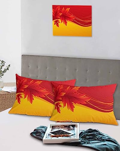 Edwiinsa Fall Leaf Pillow Covers Standard Size Set of 2 Bed Pillow, Red Orange Maple Leaves Farmhouse Plush Soft Comfort for Hair/Skin Cooling Pillowcases with Envelop Closure 20''x26''