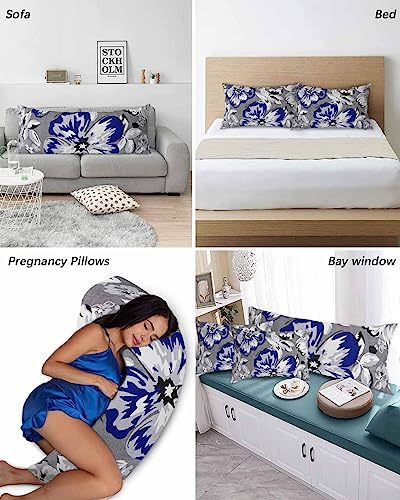 Spring Floral Pillow Covers King Standard Set of 2 Bed Pillow, Navy Blue Summer Flower Farmhouse White Grey Plush Soft Comfort for Hair/ Skin Cooling Pillowcases with Envelop Closure 20''x36''