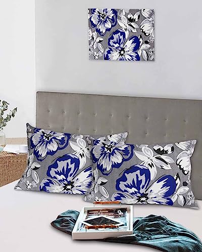 Spring Floral Pillow Covers King Standard Set of 2 Bed Pillow, Navy Blue Summer Flower Farmhouse White Grey Plush Soft Comfort for Hair/ Skin Cooling Pillowcases with Envelop Closure 20''x36''