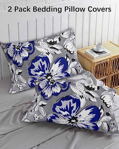 Spring Floral Pillow Covers King Standard Set of 2 Bed Pillow, Navy Blue Summer Flower Farmhouse White Grey Plush Soft Comfort for Hair/ Skin Cooling Pillowcases with Envelop Closure 20''x36''