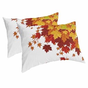 Edwiinsa Fallen Leaf Pillow Covers Standard Size Set of 2 Bed Pillow, Rustic Autumn Orange Ombre Maple Leaves Plush Soft Comfort for Hair/Skin Cooling Pillowcases with Envelop Closure 20''x26''