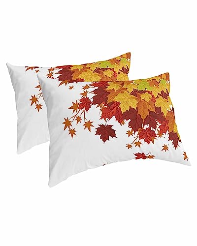 Edwiinsa Fallen Leaf Pillow Covers Standard Size Set of 2 Bed Pillow, Rustic Autumn Orange Ombre Maple Leaves Plush Soft Comfort for Hair/Skin Cooling Pillowcases with Envelop Closure 20''x26''