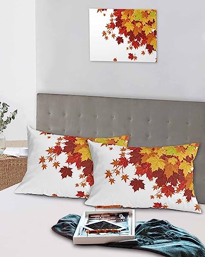 Edwiinsa Fallen Leaf Pillow Covers Standard Size Set of 2 Bed Pillow, Rustic Autumn Orange Ombre Maple Leaves Plush Soft Comfort for Hair/Skin Cooling Pillowcases with Envelop Closure 20''x26''