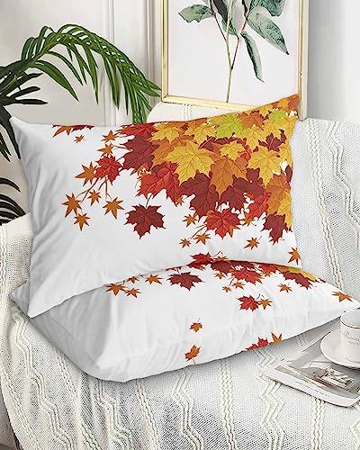 Edwiinsa Fallen Leaf Pillow Covers Standard Size Set of 2 Bed Pillow, Rustic Autumn Orange Ombre Maple Leaves Plush Soft Comfort for Hair/Skin Cooling Pillowcases with Envelop Closure 20''x26''