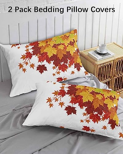 Edwiinsa Fallen Leaf Pillow Covers Standard Size Set of 2 Bed Pillow, Rustic Autumn Orange Ombre Maple Leaves Plush Soft Comfort for Hair/Skin Cooling Pillowcases with Envelop Closure 20''x26''