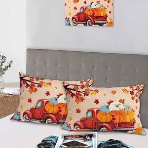 Edwiinsa Thanksgiving Pillow Covers Standard Size Set of 2 Bed Pillow, Fall Pumpkin Maple Leaf Truck Burlap Plush Soft Comfort for Hair/Skin Cooling Pillowcases with Envelop Closure 20''x26''