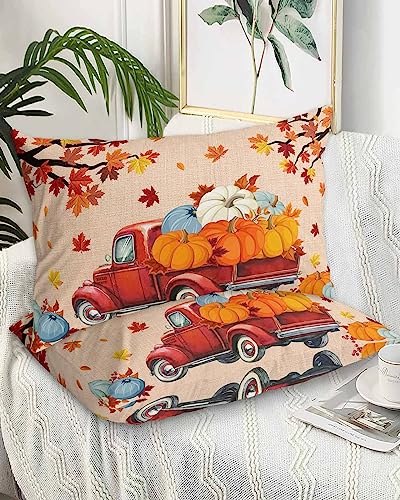 Edwiinsa Thanksgiving Pillow Covers Standard Size Set of 2 Bed Pillow, Fall Pumpkin Maple Leaf Truck Burlap Plush Soft Comfort for Hair/Skin Cooling Pillowcases with Envelop Closure 20''x26''