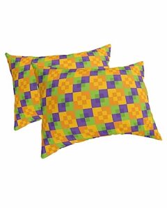 edwiinsa halloween pillow covers king standard set of 2 bed pillow, yellow green purple plaid checkered geometric plush soft comfort for hair/skin cooling pillowcases with envelop closure 20''x36''