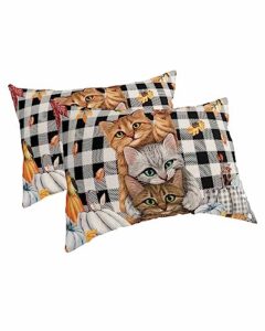 thanksgiving pillow covers standard size set of 2 bed pillow, fall pumpkin cats maple leaf black white plaid plush soft comfort for hair/ skin cooling pillowcases with envelop closure 20''x26''