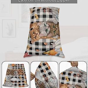 Thanksgiving Pillow Covers Standard Size Set of 2 Bed Pillow, Fall Pumpkin Cats Maple Leaf Black White Plaid Plush Soft Comfort for Hair/ Skin Cooling Pillowcases with Envelop Closure 20''x26''