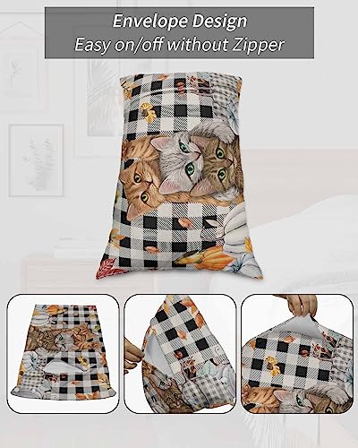 Thanksgiving Pillow Covers Standard Size Set of 2 Bed Pillow, Fall Pumpkin Cats Maple Leaf Black White Plaid Plush Soft Comfort for Hair/ Skin Cooling Pillowcases with Envelop Closure 20''x26''