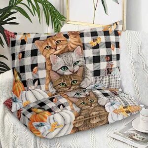 Thanksgiving Pillow Covers Standard Size Set of 2 Bed Pillow, Fall Pumpkin Cats Maple Leaf Black White Plaid Plush Soft Comfort for Hair/ Skin Cooling Pillowcases with Envelop Closure 20''x26''