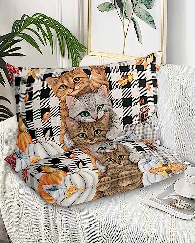 Thanksgiving Pillow Covers Standard Size Set of 2 Bed Pillow, Fall Pumpkin Cats Maple Leaf Black White Plaid Plush Soft Comfort for Hair/ Skin Cooling Pillowcases with Envelop Closure 20''x26''