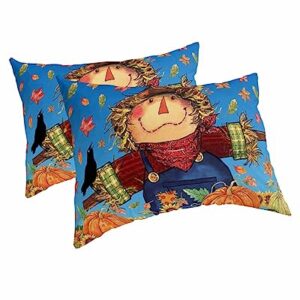 Edwiinsa Fall Scarecrow Pillow Covers King Standard Set of 2 Bed Pillow, Autumn Pumpkin Maple Leaves Blue Plush Soft Comfort for Hair/Skin Cooling Pillowcases with Envelop Closure 20''x36''