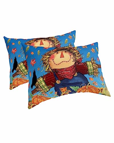 Edwiinsa Fall Scarecrow Pillow Covers King Standard Set of 2 Bed Pillow, Autumn Pumpkin Maple Leaves Blue Plush Soft Comfort for Hair/Skin Cooling Pillowcases with Envelop Closure 20''x36''