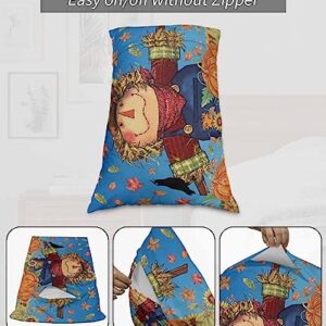 Edwiinsa Fall Scarecrow Pillow Covers King Standard Set of 2 Bed Pillow, Autumn Pumpkin Maple Leaves Blue Plush Soft Comfort for Hair/Skin Cooling Pillowcases with Envelop Closure 20''x36''