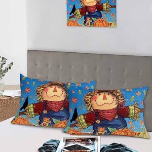 Edwiinsa Fall Scarecrow Pillow Covers King Standard Set of 2 Bed Pillow, Autumn Pumpkin Maple Leaves Blue Plush Soft Comfort for Hair/Skin Cooling Pillowcases with Envelop Closure 20''x36''