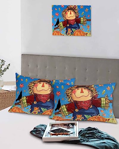 Edwiinsa Fall Scarecrow Pillow Covers King Standard Set of 2 Bed Pillow, Autumn Pumpkin Maple Leaves Blue Plush Soft Comfort for Hair/Skin Cooling Pillowcases with Envelop Closure 20''x36''