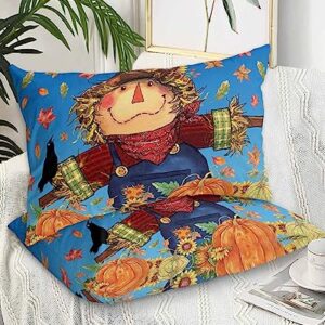 Edwiinsa Fall Scarecrow Pillow Covers King Standard Set of 2 Bed Pillow, Autumn Pumpkin Maple Leaves Blue Plush Soft Comfort for Hair/Skin Cooling Pillowcases with Envelop Closure 20''x36''